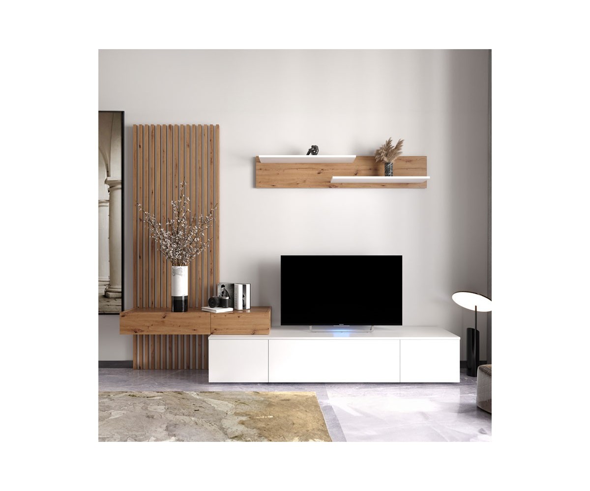 Mueble tv completo en Blanco-Cambria, Fabricado en Melamina, 249,5x42x199,5cm - Moderno y Funcional.