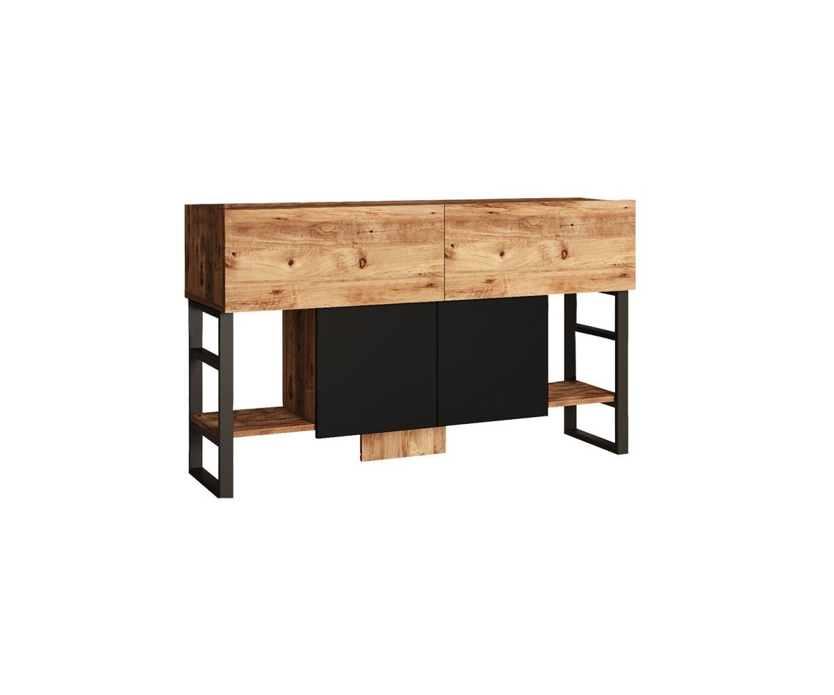 Buffet Diseño Moderno Natural-Negro con 4 Puertas - 139x43x83.5cm - Elegante Almacenamiento para Comedor