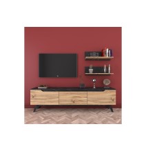 Mueble TV Completo en Melamina Color Roble y Negro, 180x35x48.5 cm, con 2 Estantes