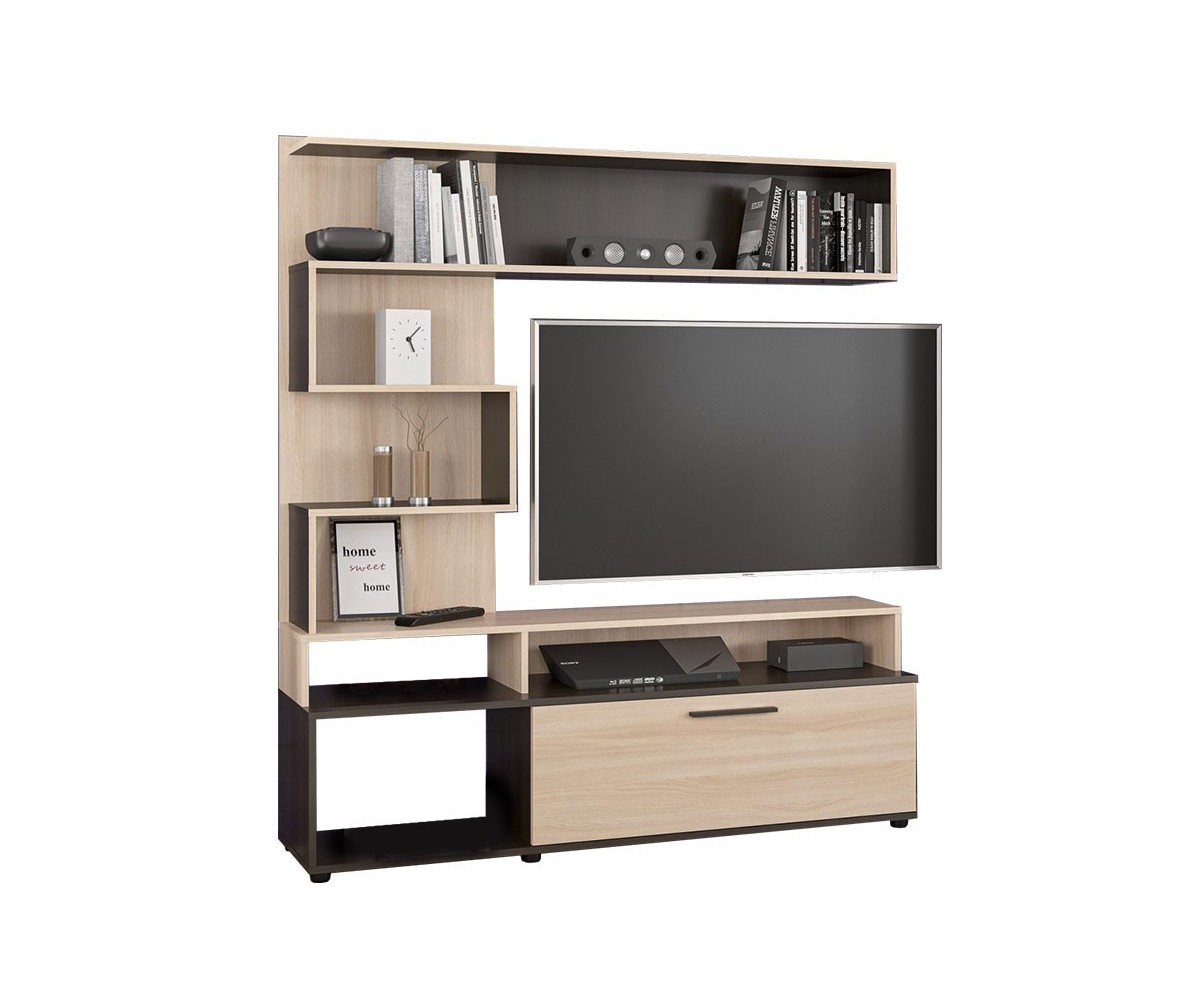 Mueble TV de Madera Color Wengué y Natural con Estantes y Puertas, 151.5x37.5x169.5 cm – Mueble salón moderno.