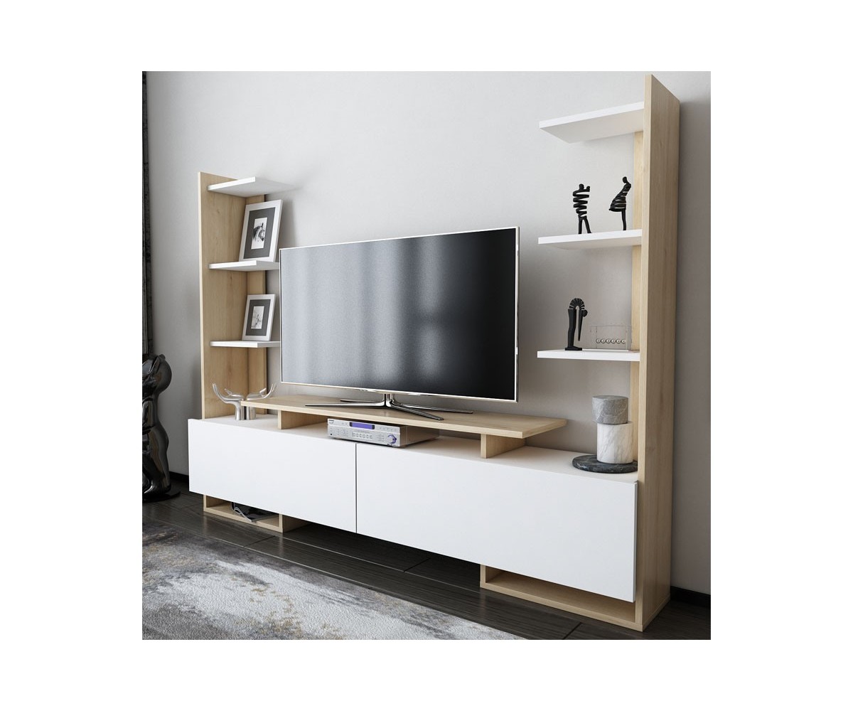 Mueble TV de Roble y Blanco, 183,6x31,5x140cm, con 2 Puertas Abatibles y Múltiples Estantes – Mueble de salón completo Moderno.